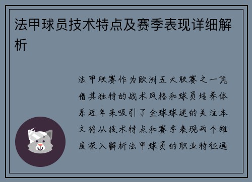 法甲球员技术特点及赛季表现详细解析